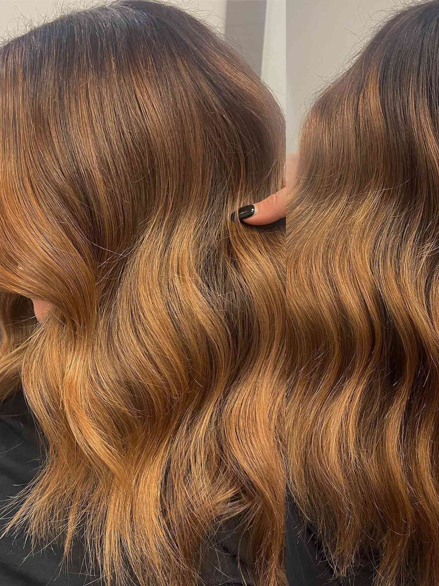 Close-up of woman with wavy hair and ginger highlights