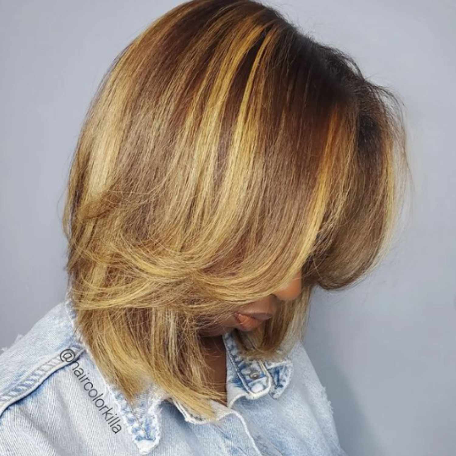 Caramel mocha colored balayage on short hair.