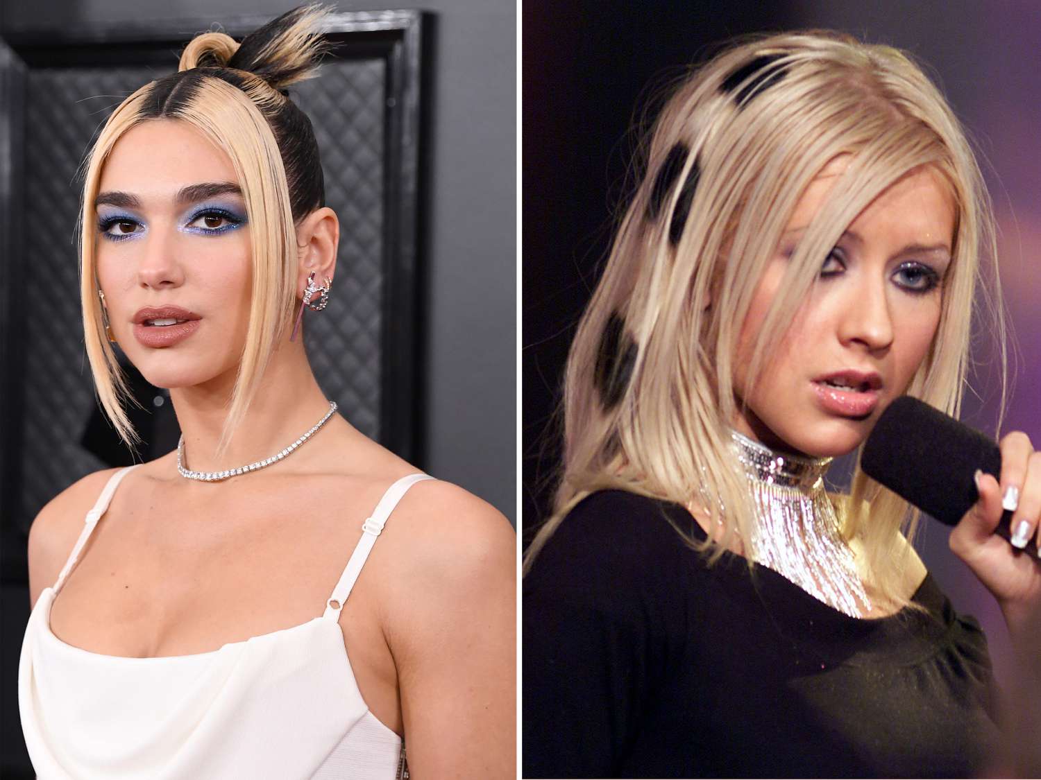 photos of dua lipa and christina aguilera wearing skunk stripe hair